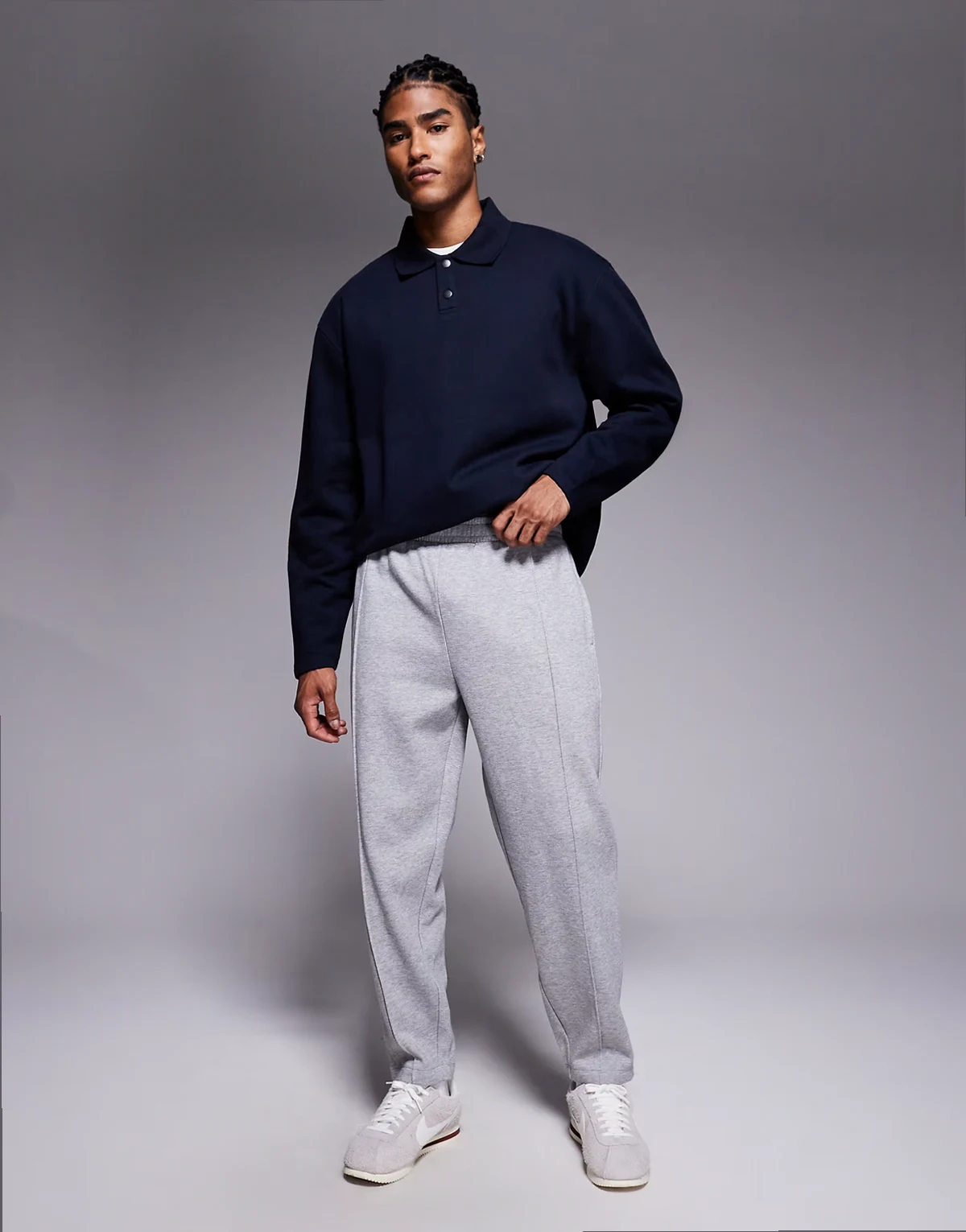 tapered sweatpants with pin tucks in heather gray