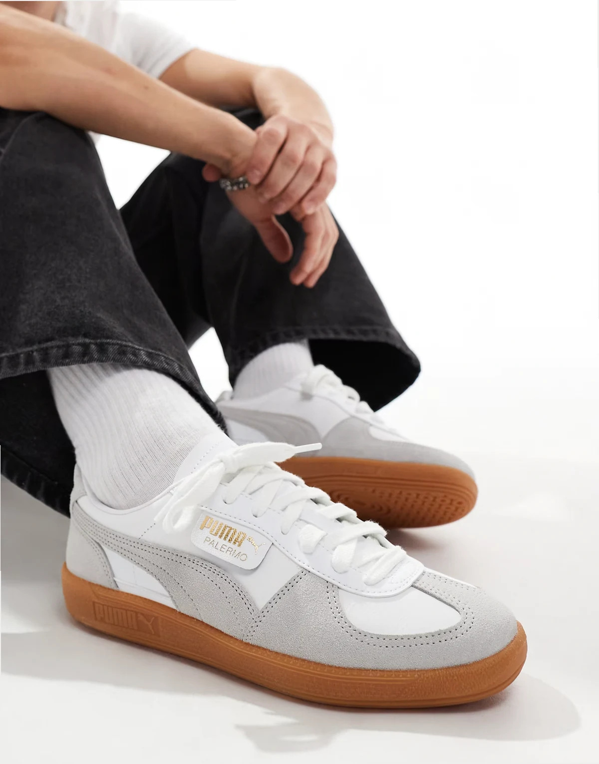 Palermo Leather sneakers with gum sole in white and gray
