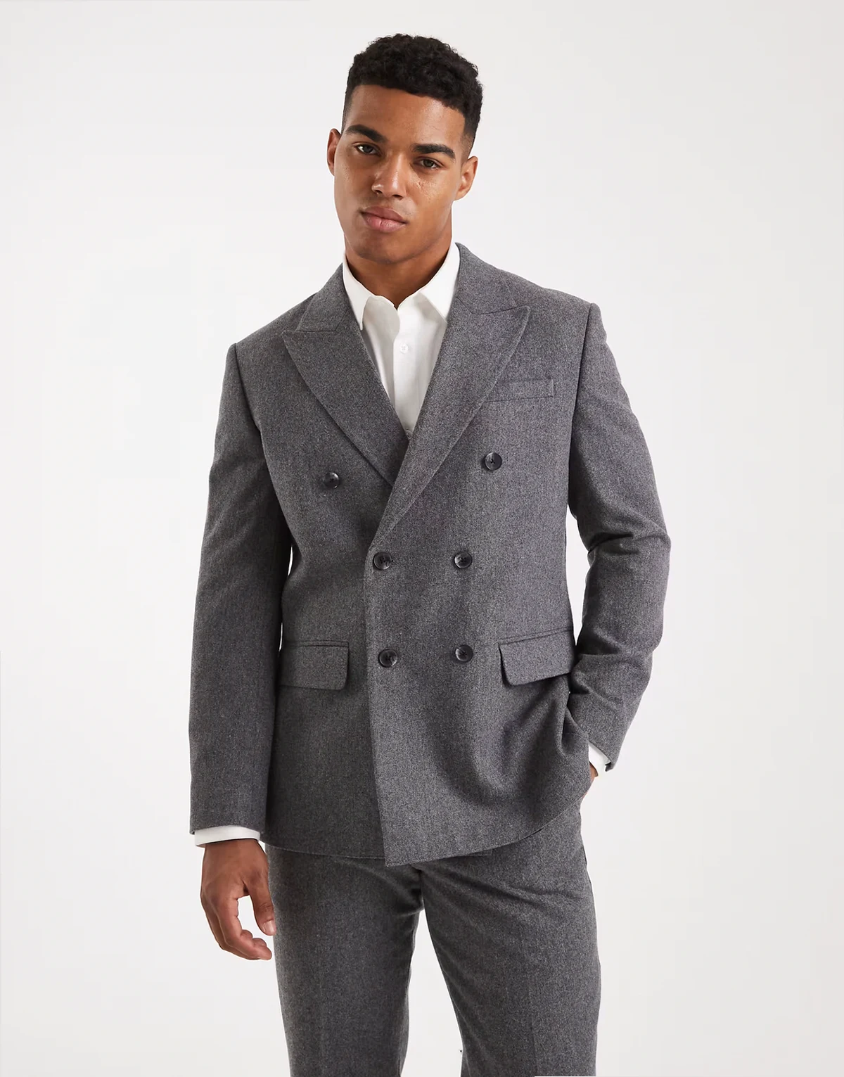 Premium – Szara wełniana marynarka garniturowa o luźnym kroju