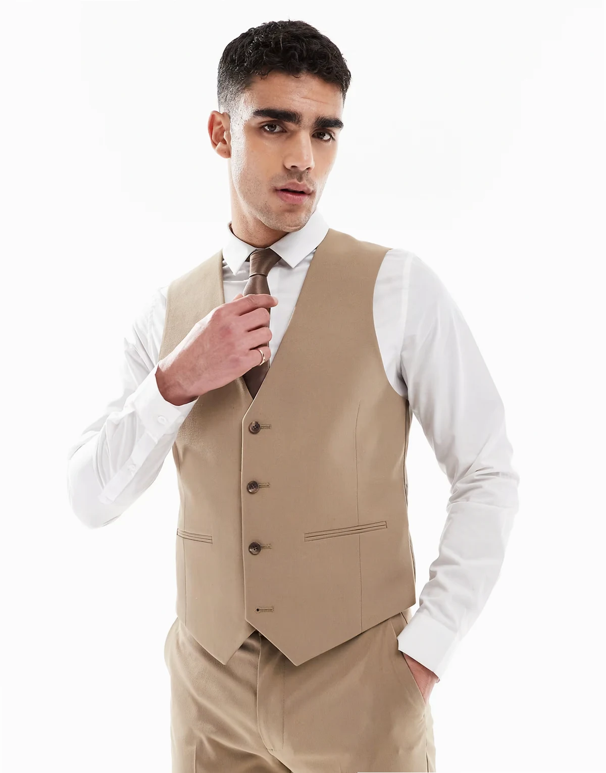 – Schmal geschnittene Anzugweste in dunklem Steinbeige