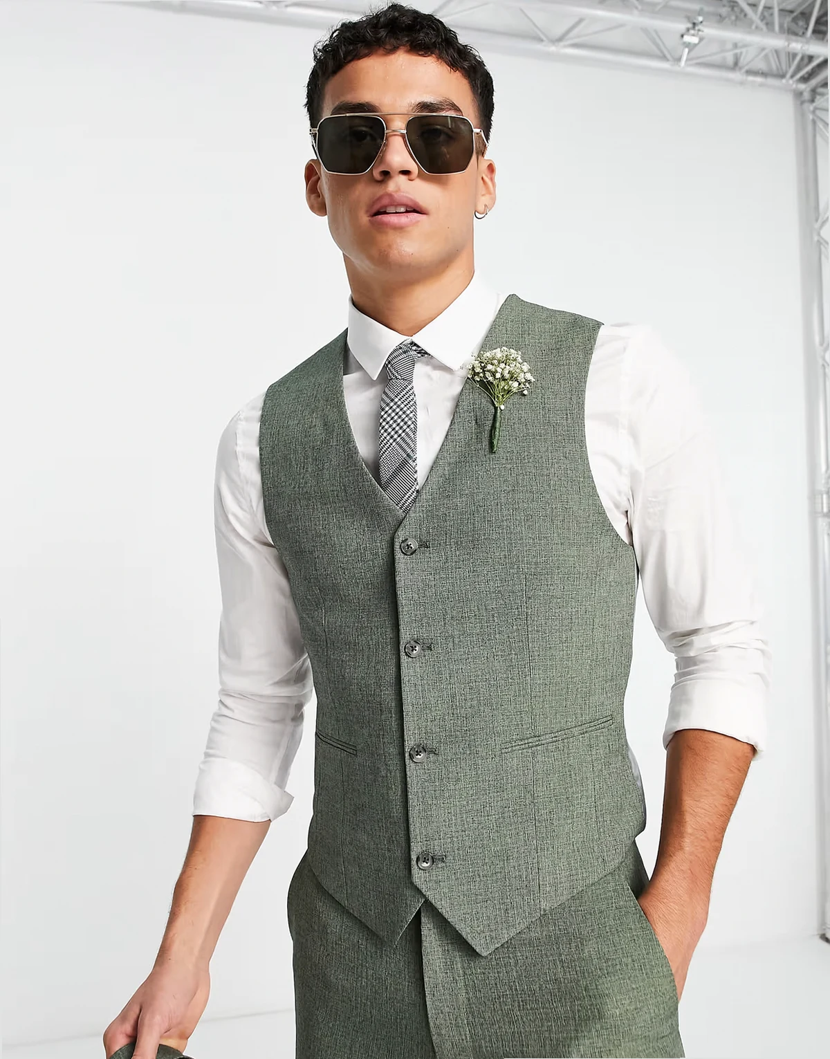 Wedding – Superenge Anzugweste in Tannengrün mit Kreuzschraffurmuster