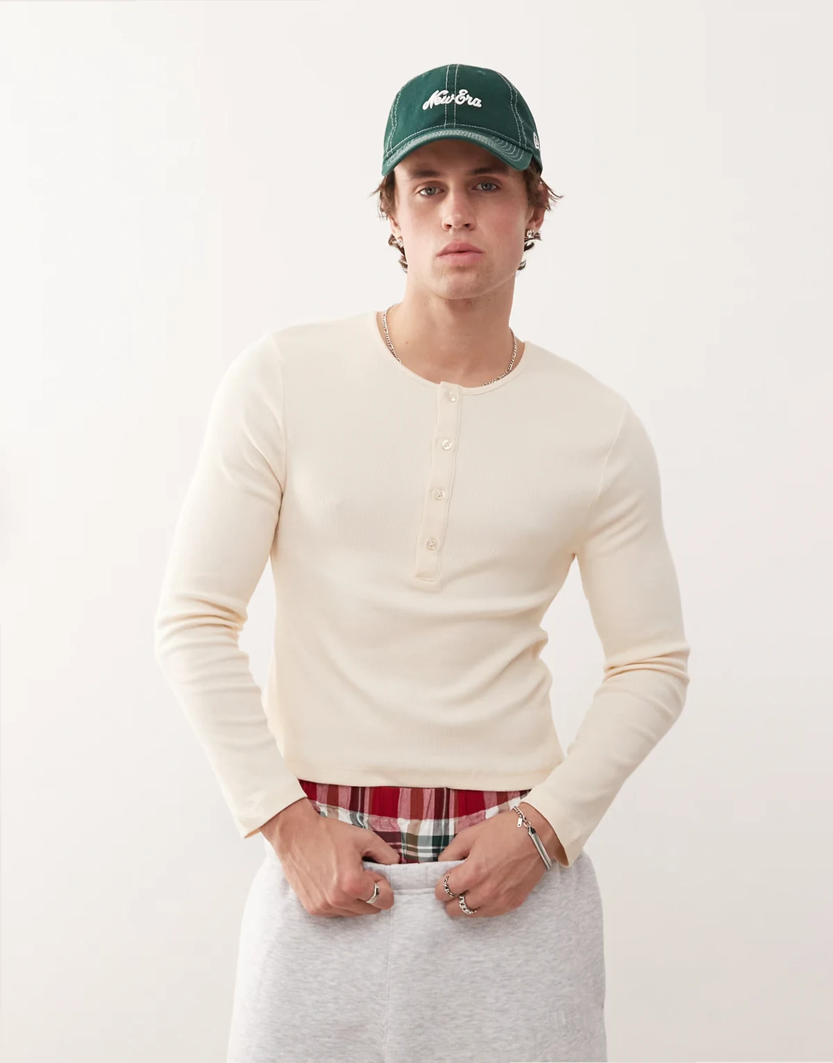 long sleeve ribbed henley slim fit t-shirt in stone