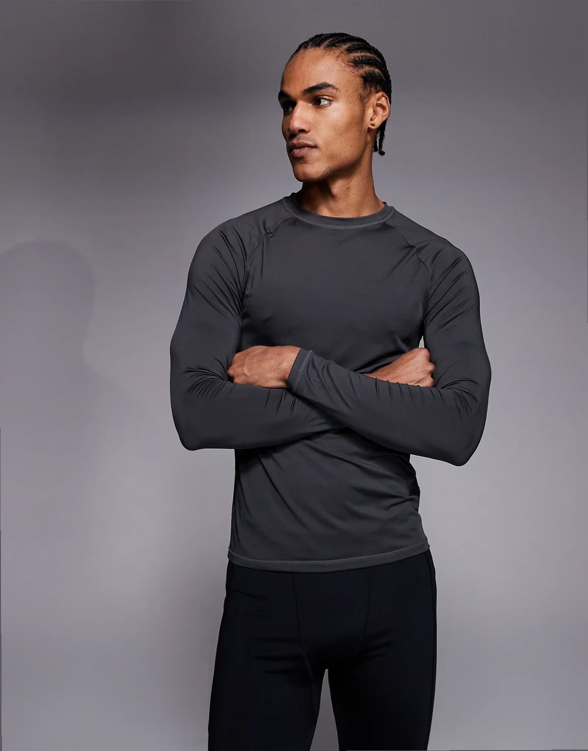 Icon active quick dry muscle fit base layer training long sleeve top in charcoal