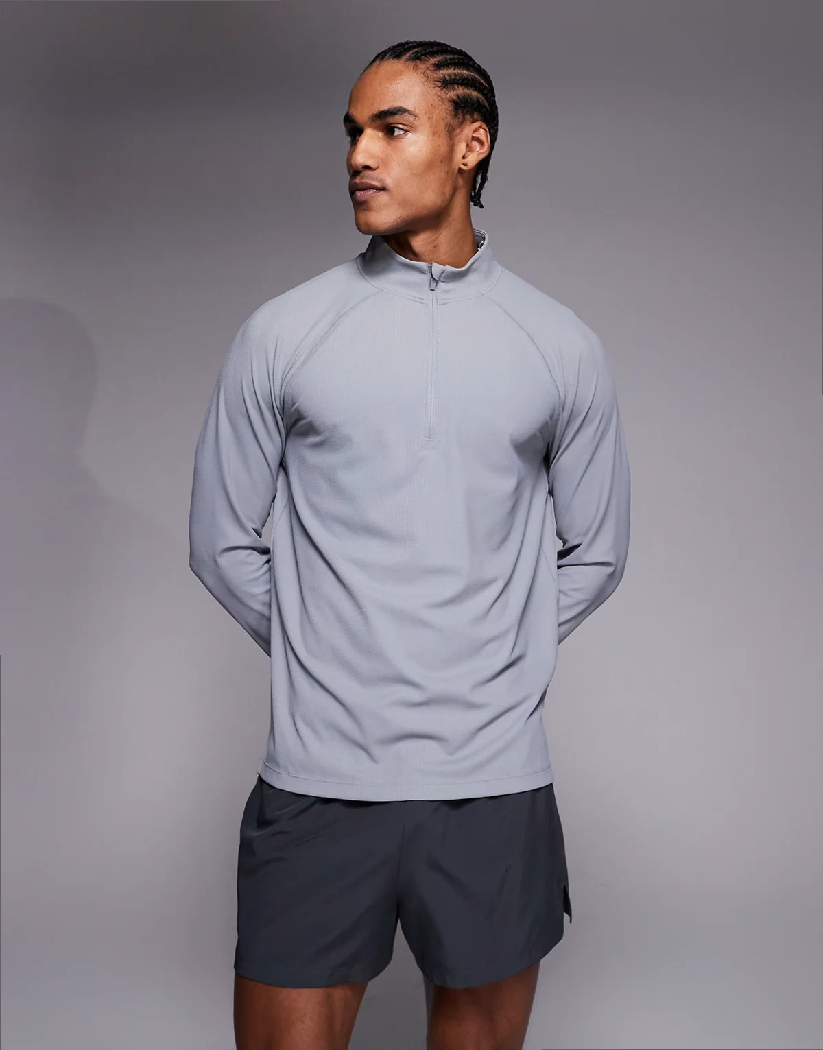 engineered performance waffle knit 1/4 zip long sleeve running top in cool gray