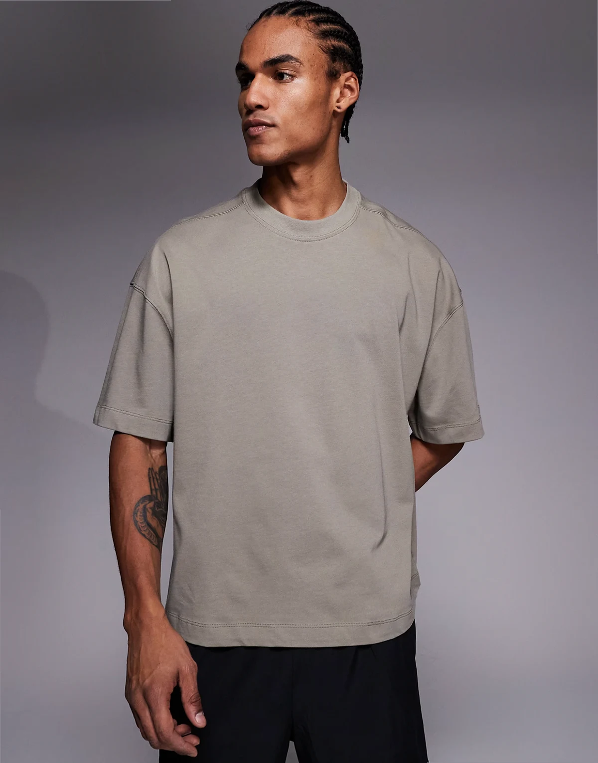 heavyweight cotton boxy drop shoulder T-shirt with quick dry finish in sandstone