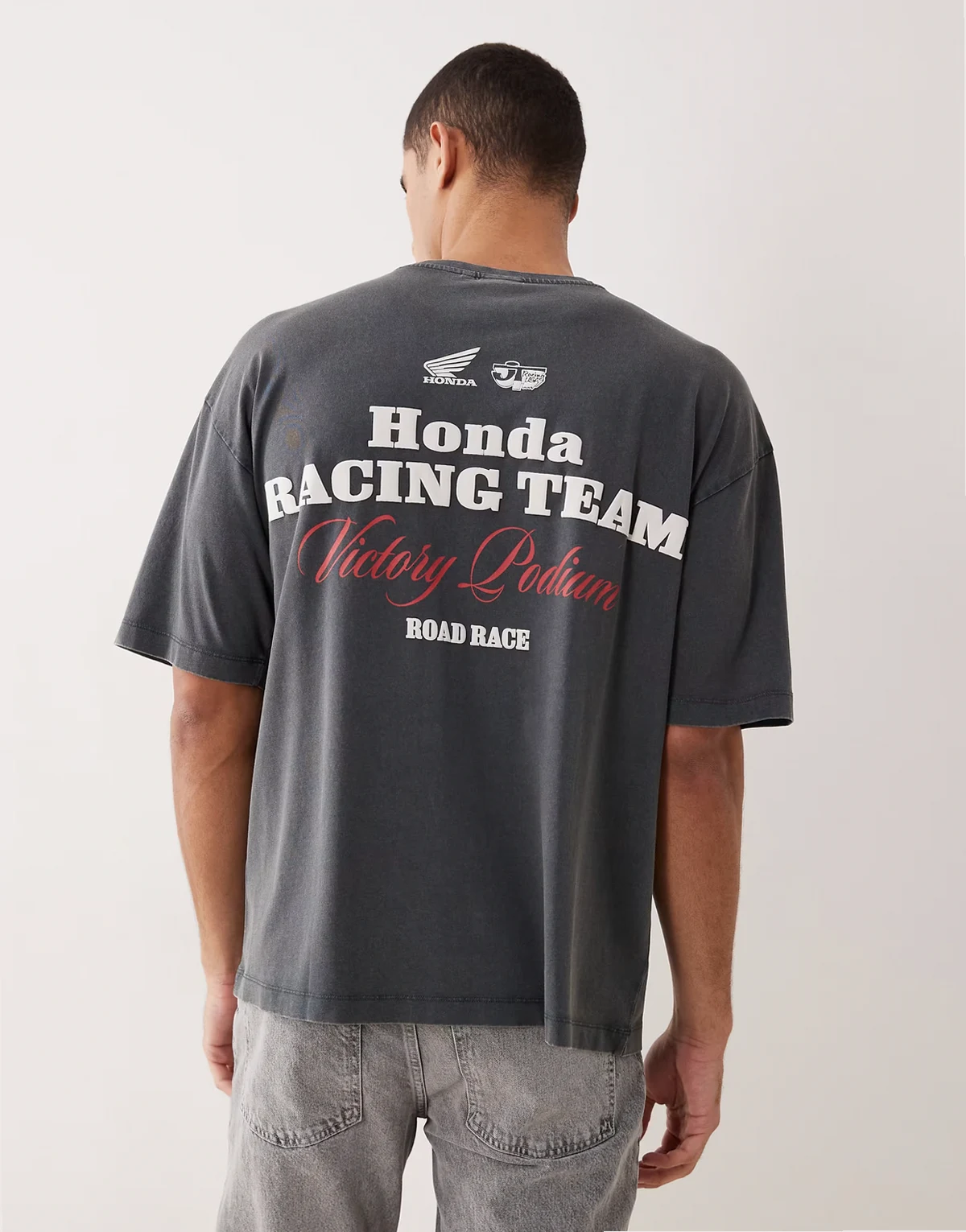 – T-shirt oversize w spranym czarnym kolorze z nadrukiem z napisem Honda Racing
