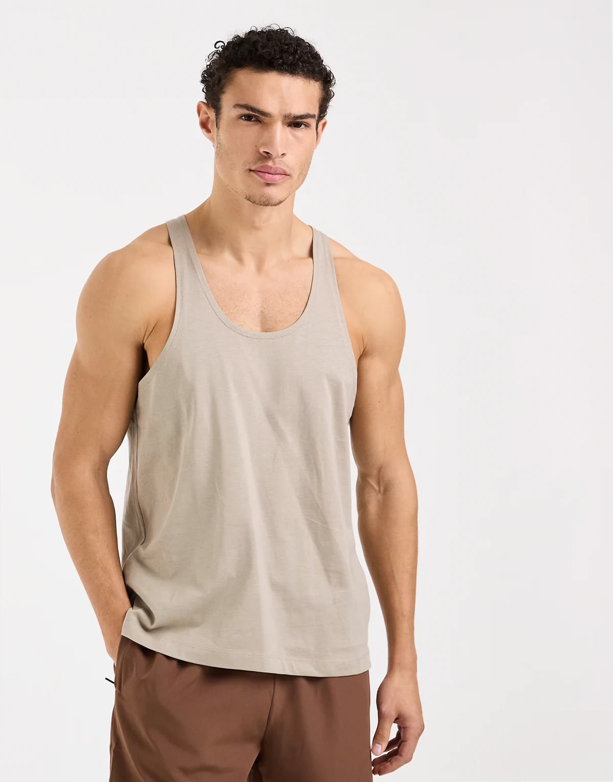 Icon cotton stringer tank top with quick dry finish in greige