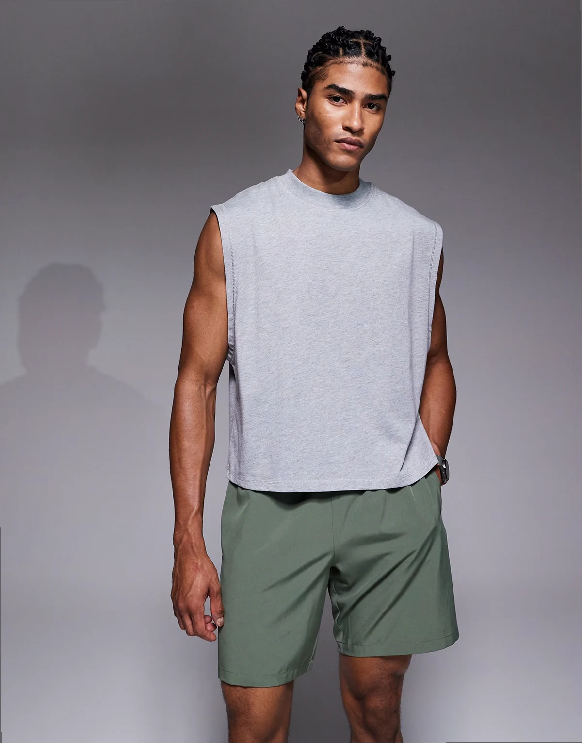 cotton cropped lifting tank top with quick dry finish in heather gray