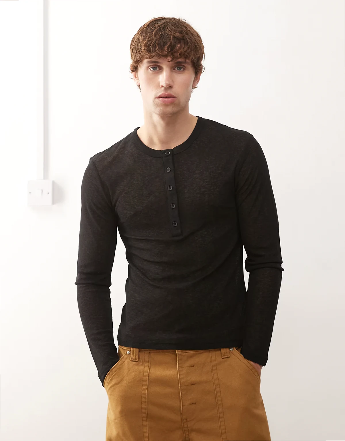 Long sleeve mesh henley button down T-shirt in black