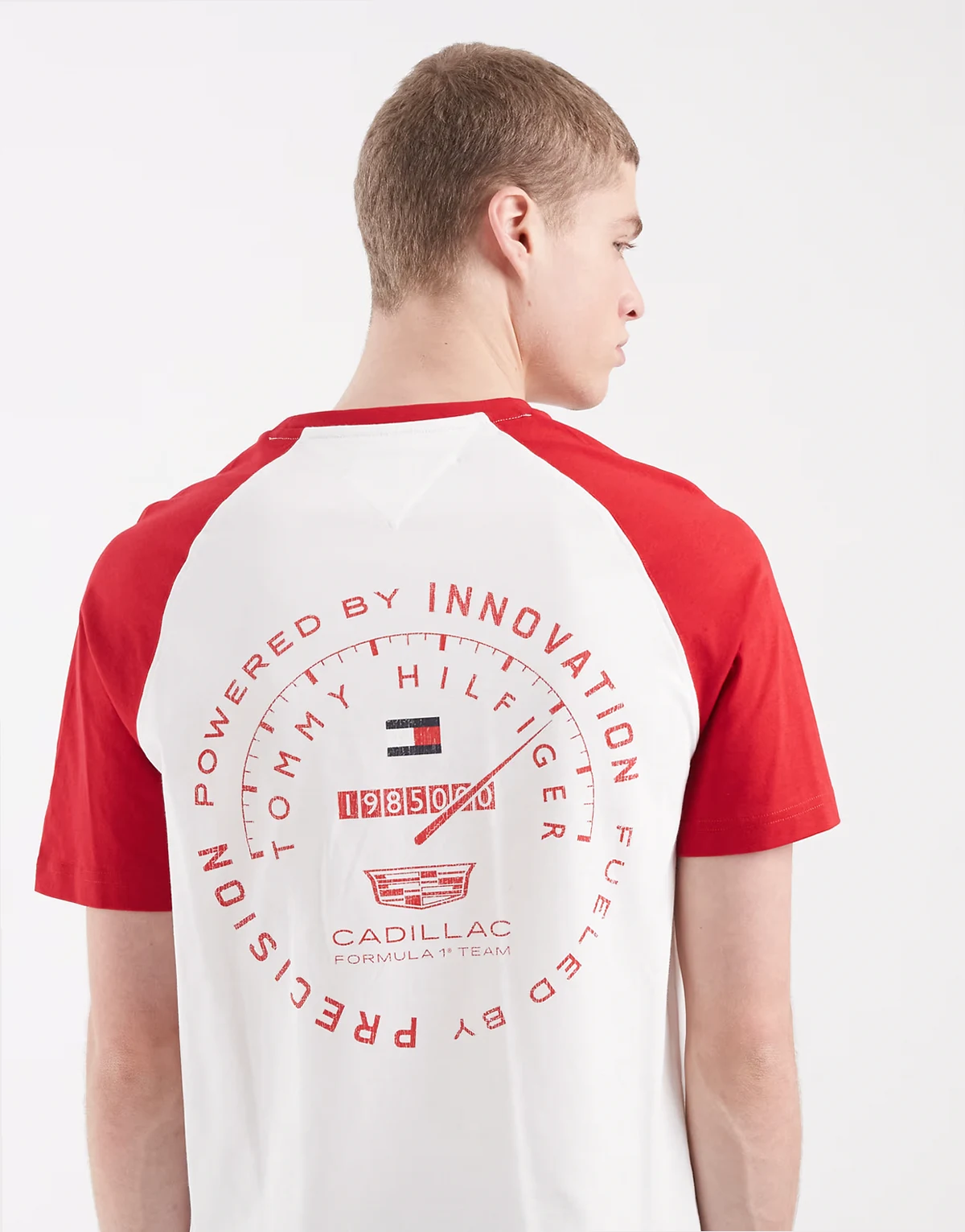 x Cadillac – F1 – Biało-czerwony T-shirt z nadrukiem z prędkościomierzem