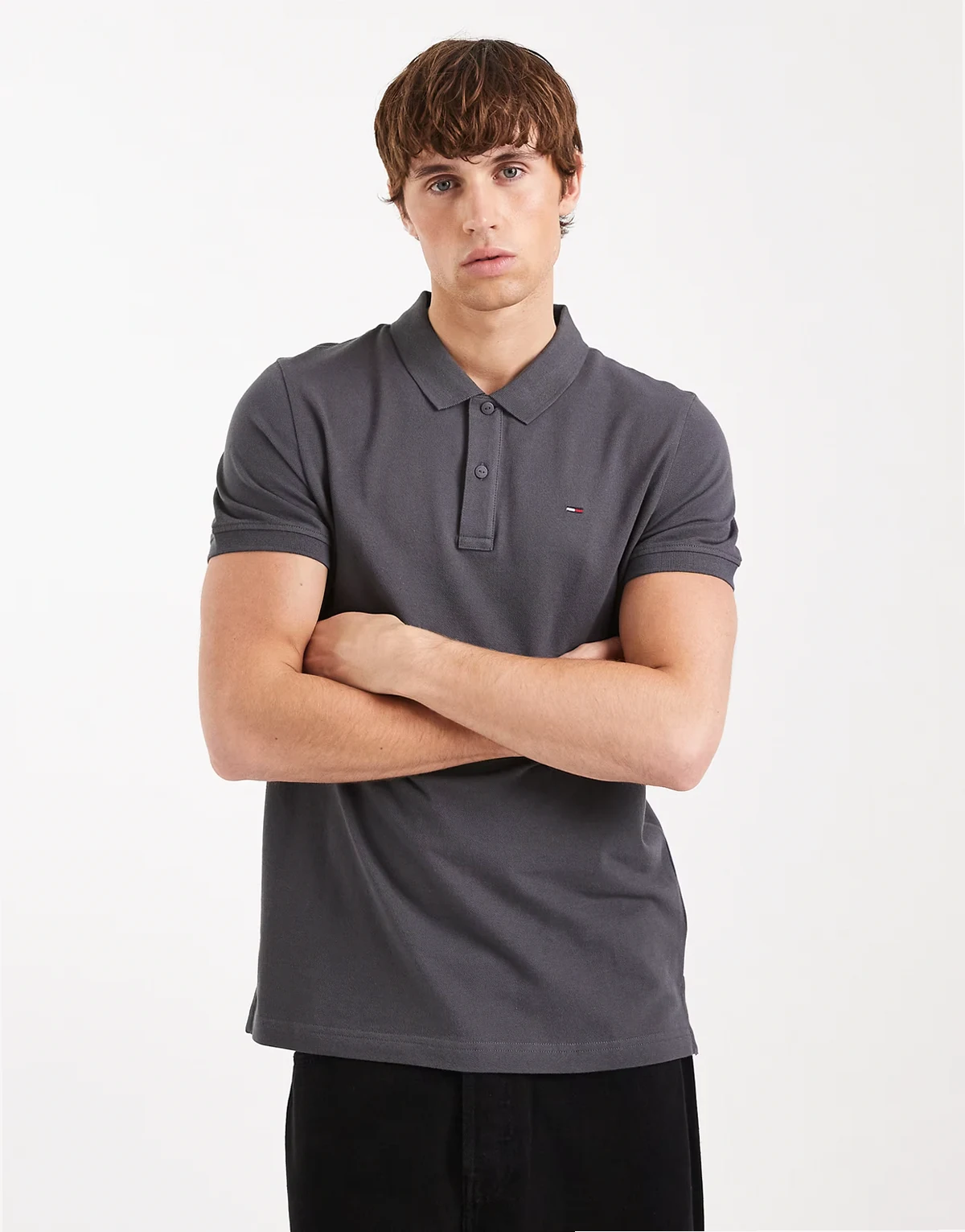 slim placket short sleeve polo shirt in washed black