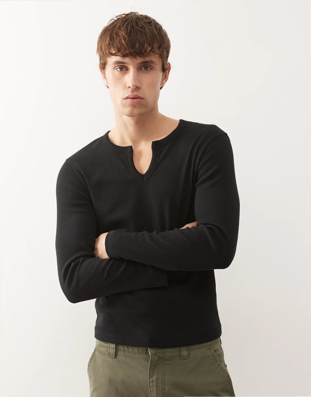 notch neck muscle fit long sleeve Henley T-shirt in black