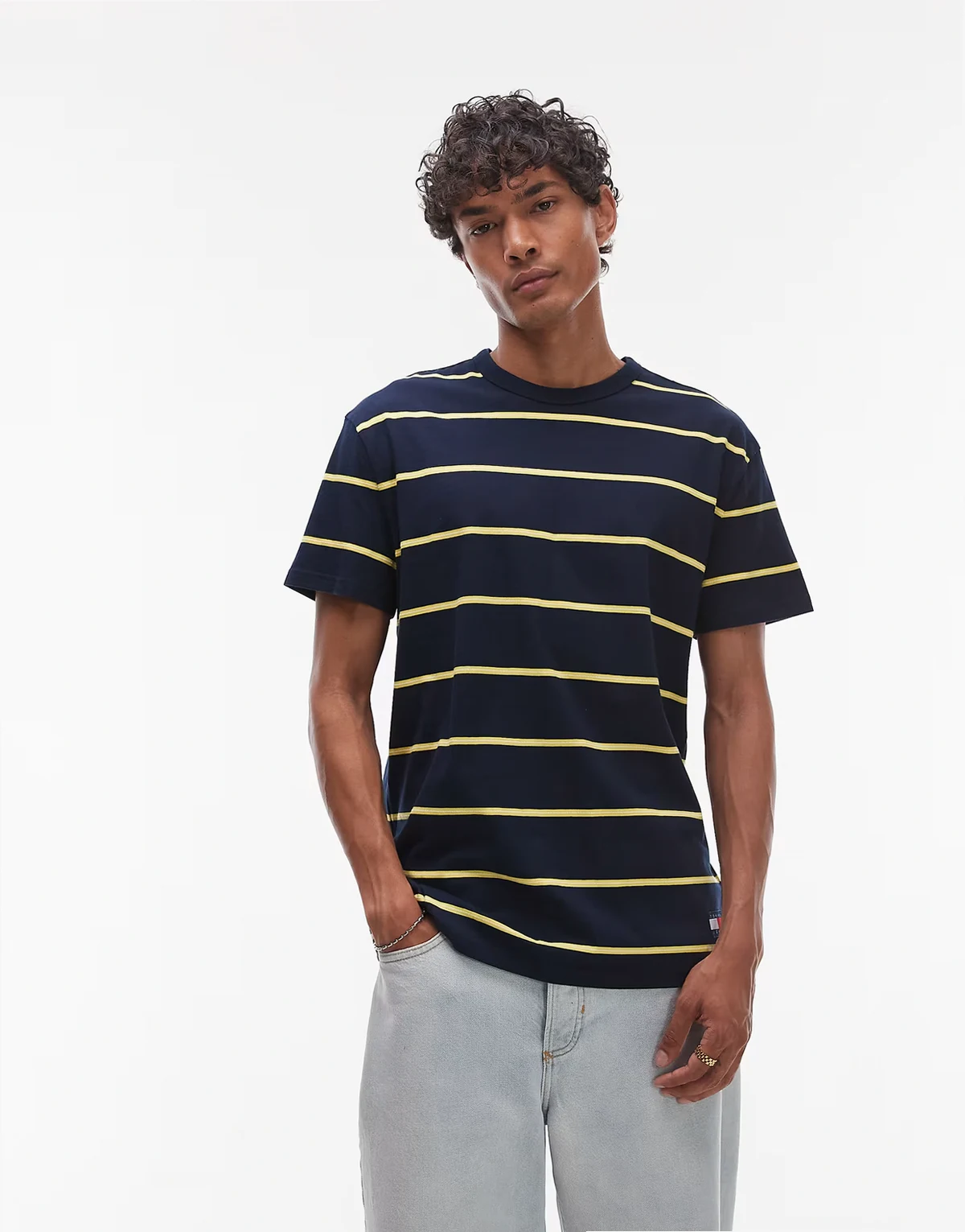 textured striped T-shirt in navy and yellow