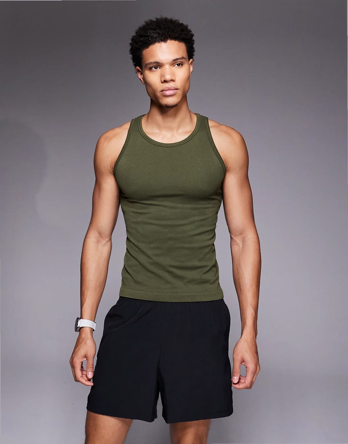 Icon seamless rib knit slim fit tank top in khaki green