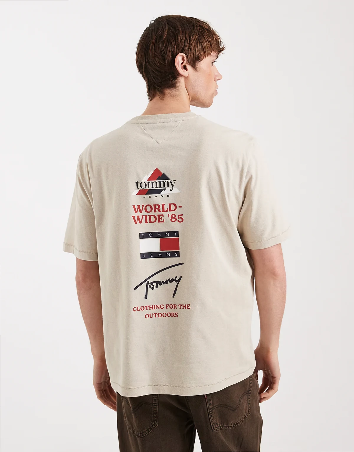 flag logo T-shirt with mountain peak back print in sand