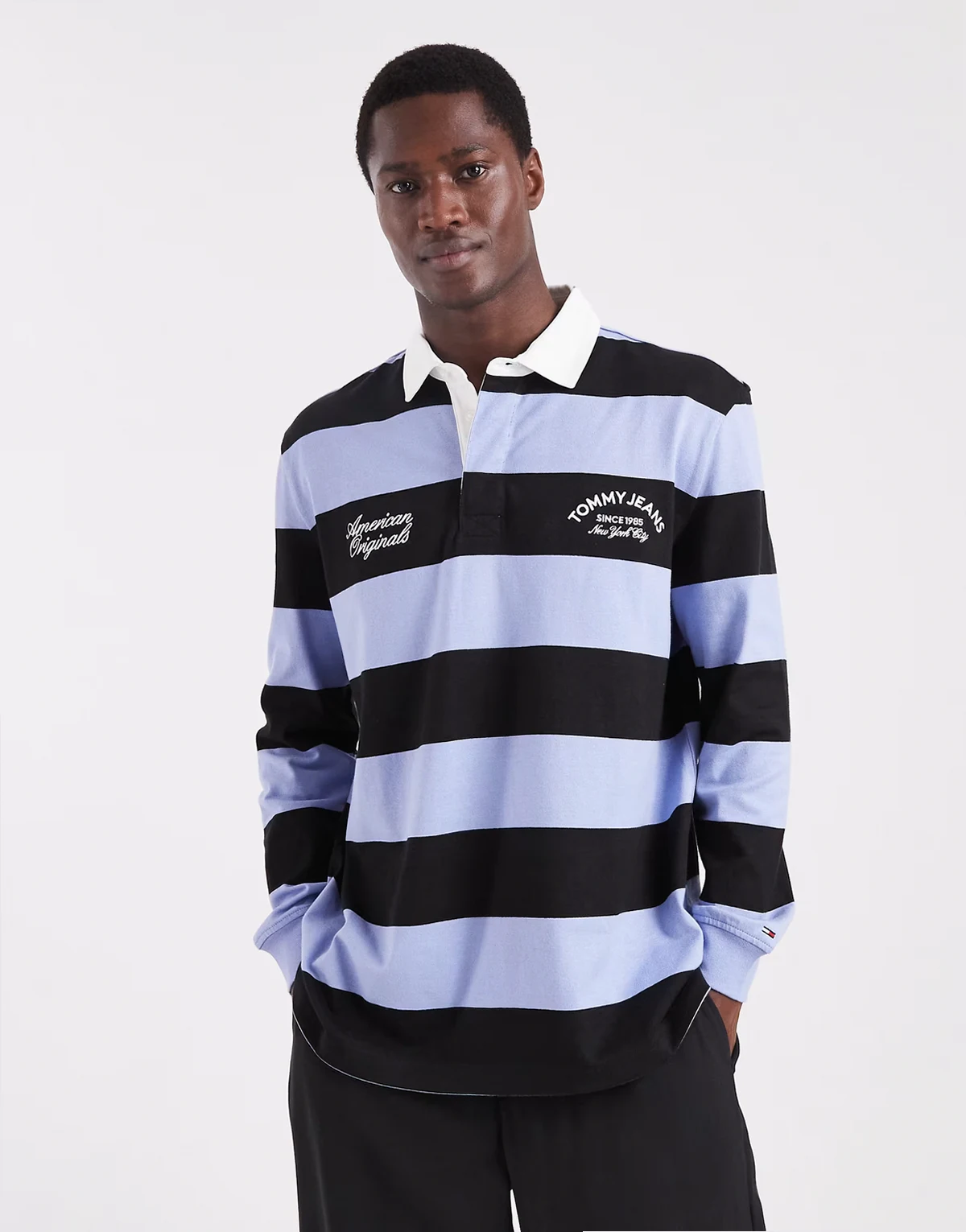 relaxed striped script logo rugby polo shirt in blue