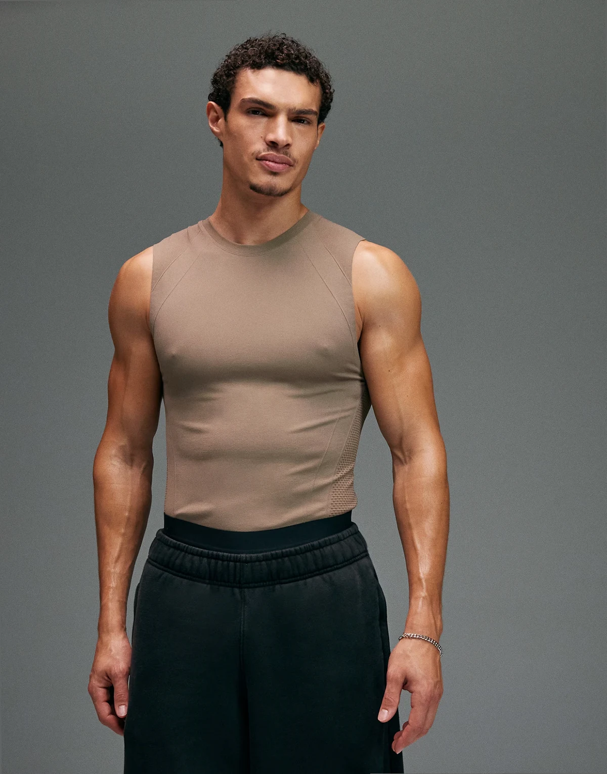 seamless physique defining muscle fit compression base layer tank in sandstone