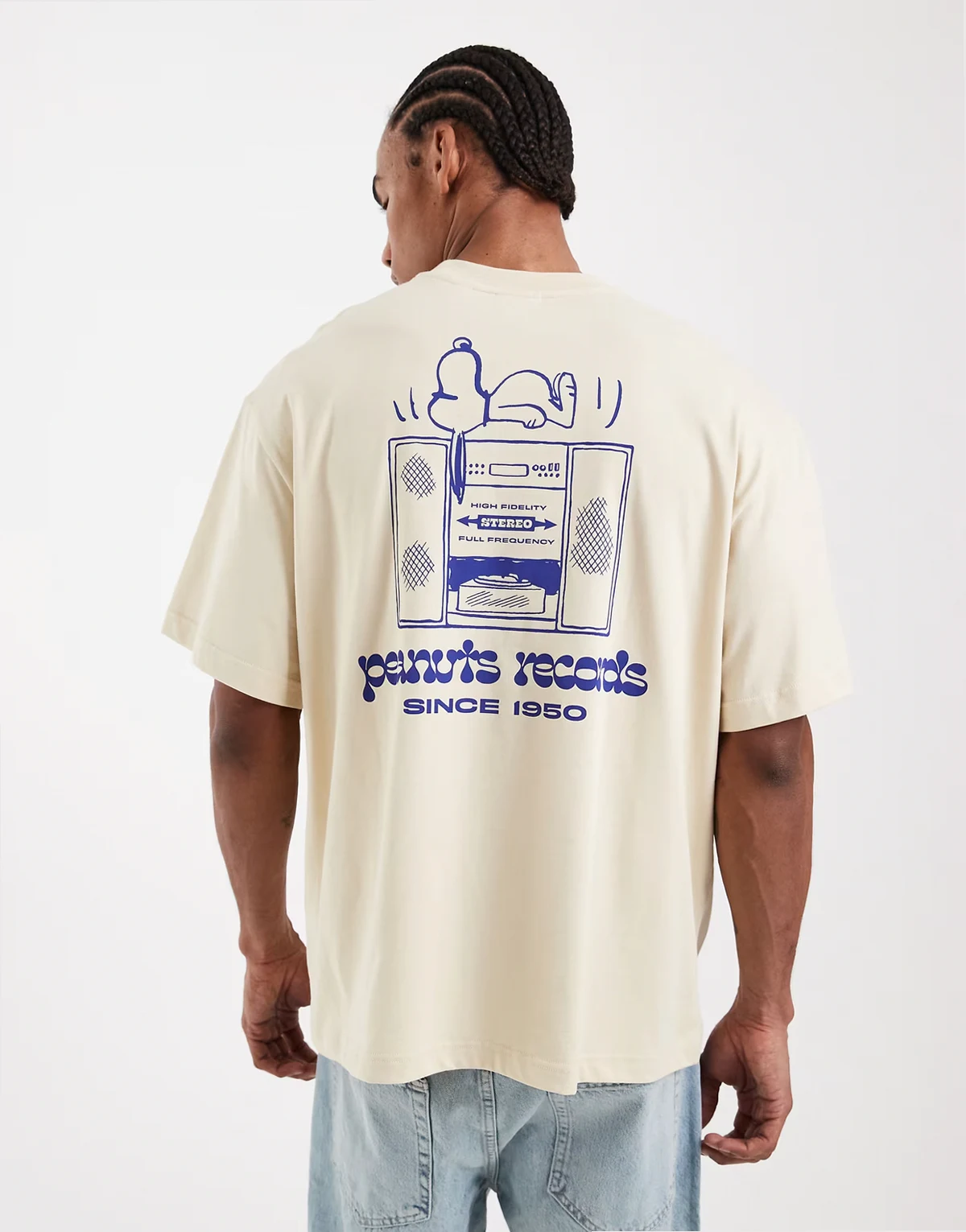 oversized t-shirt with Snoopy back print in light beige and blue