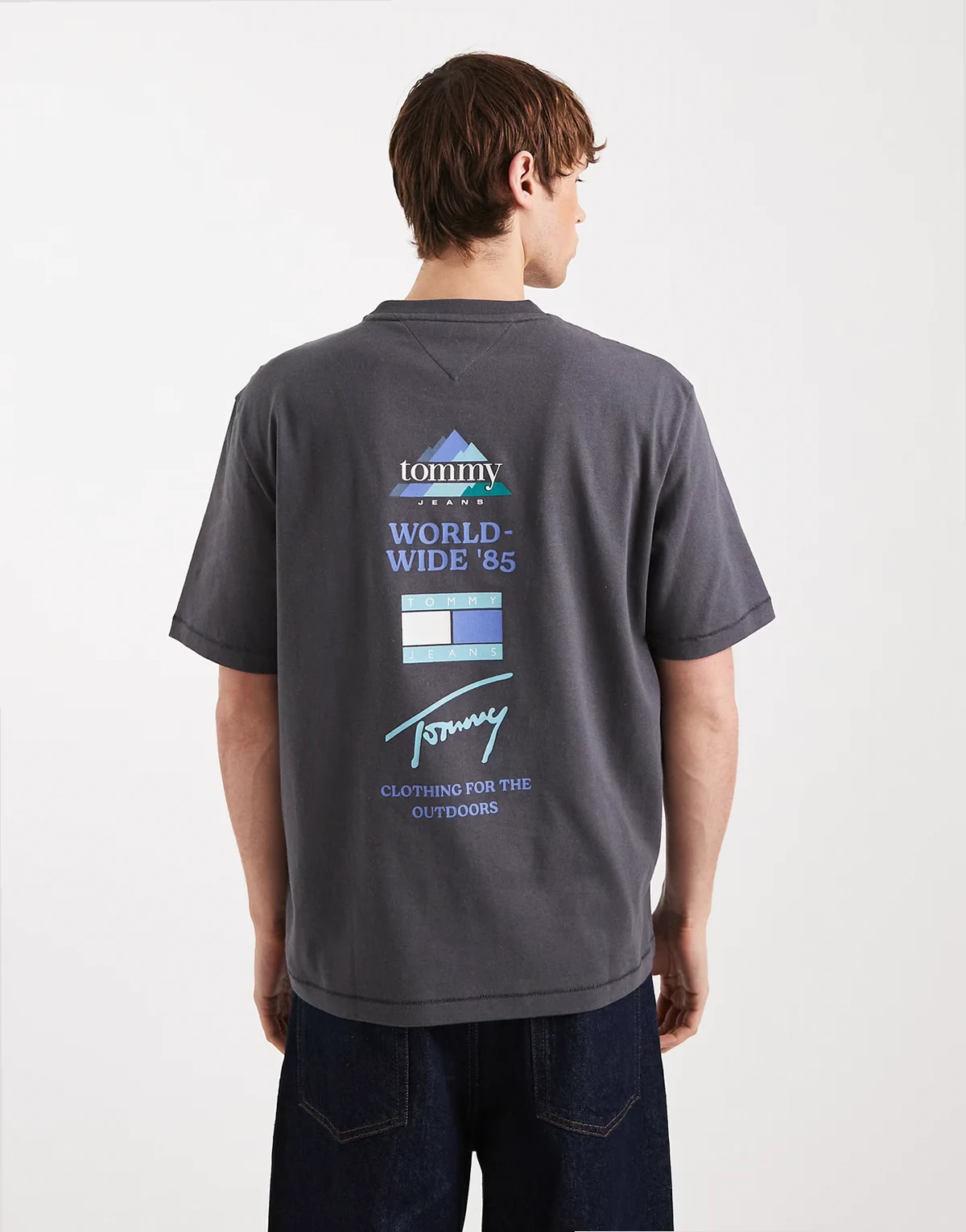 flag logo T-shirt with mountain peak back print in washed black
