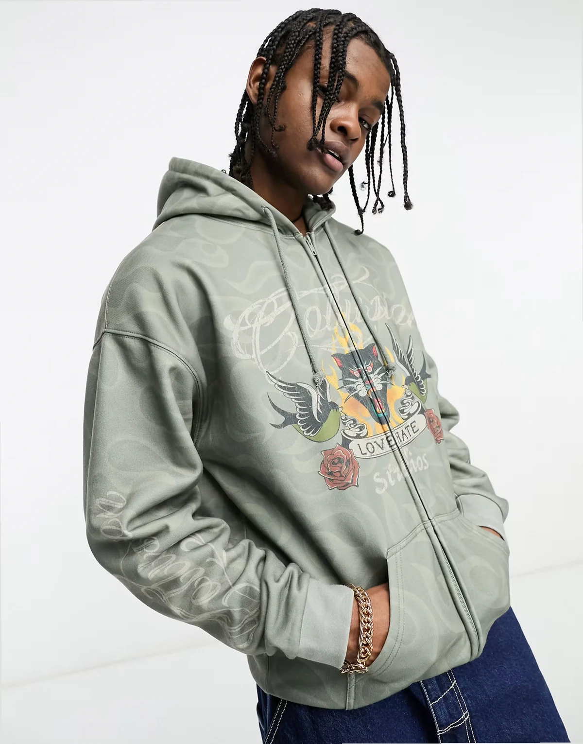 zip up hoodie with tattoo print in washed green