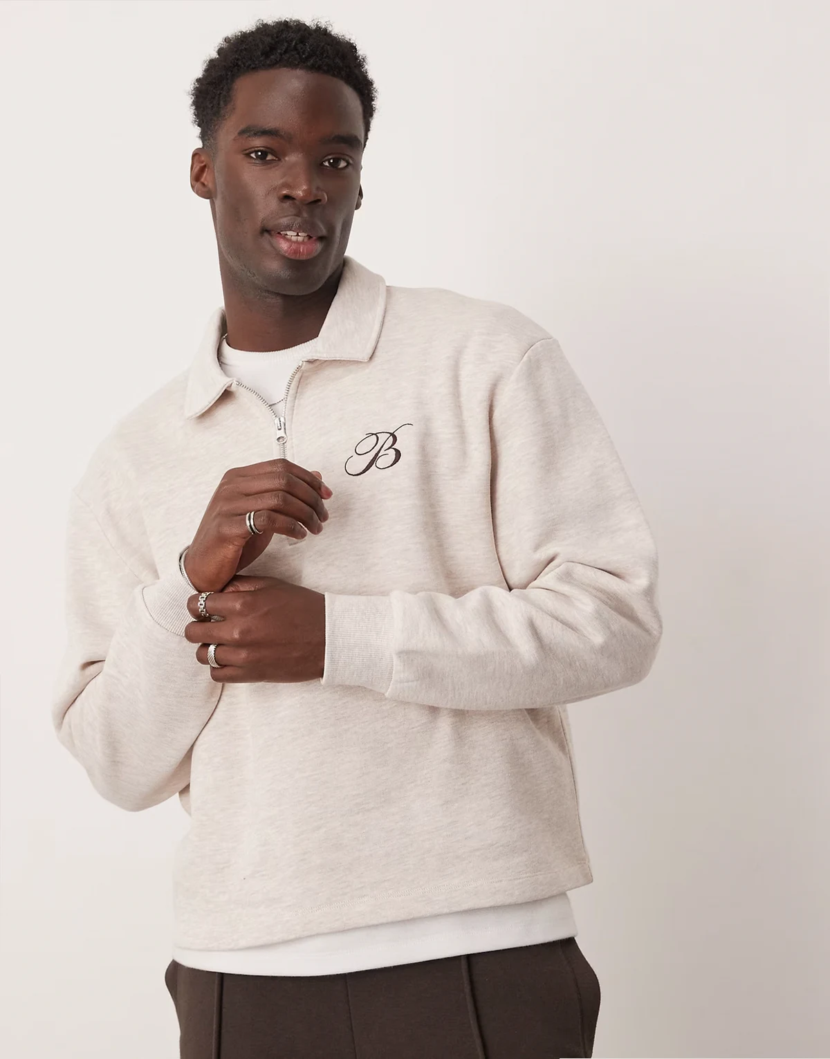 boxy polo sweatshirt with chest embroidery in oatmeal heather