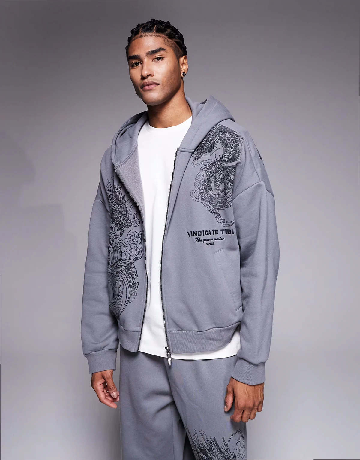 zip up oversized dragon print hoodie in gray
