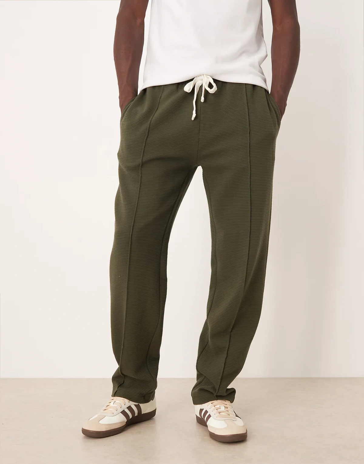 ribbed straight leg sweatpants with pintucks in khaki