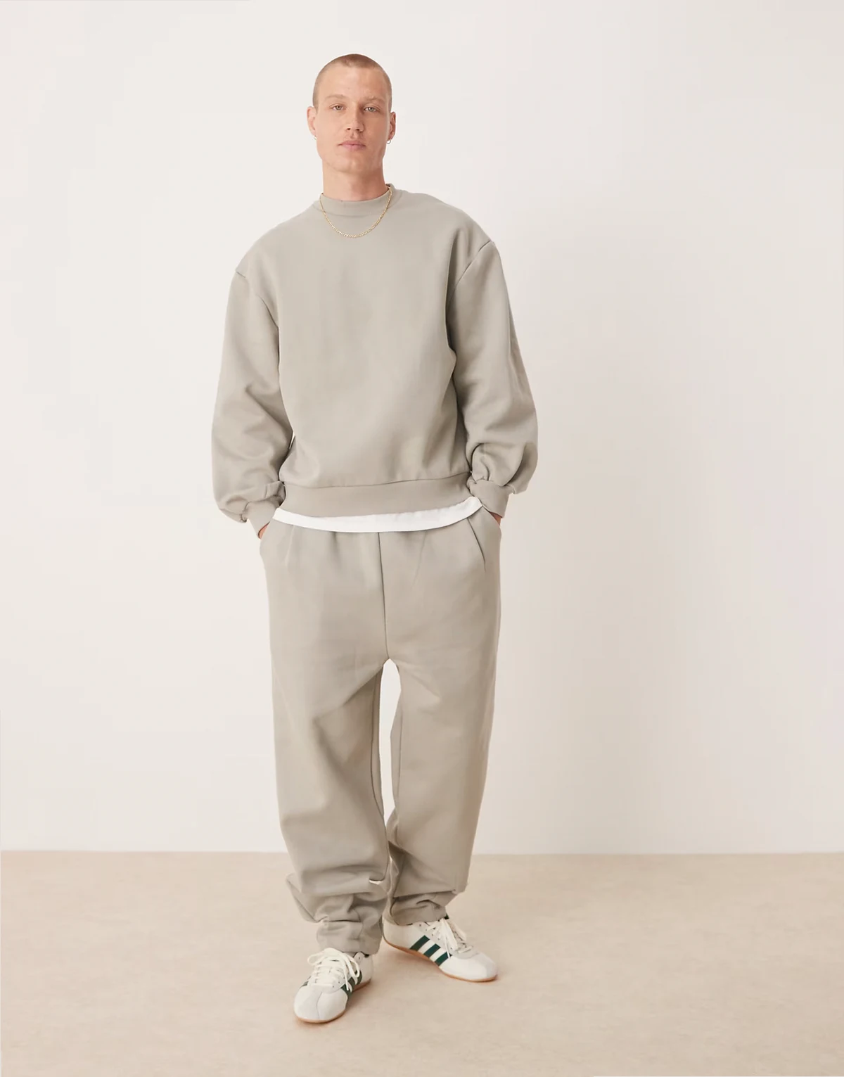 premium heavyweight wide leg sweatpants with pinched hem and pleats in beige