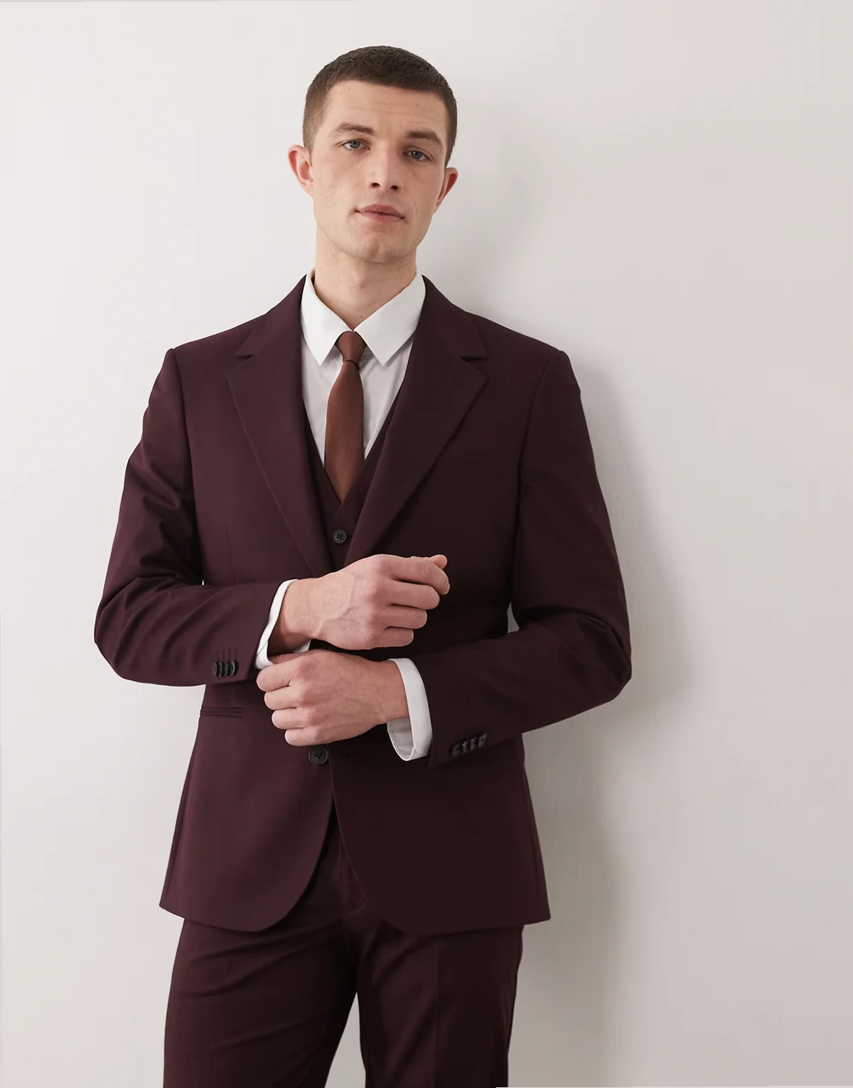 skinny suit jacket in burgundy