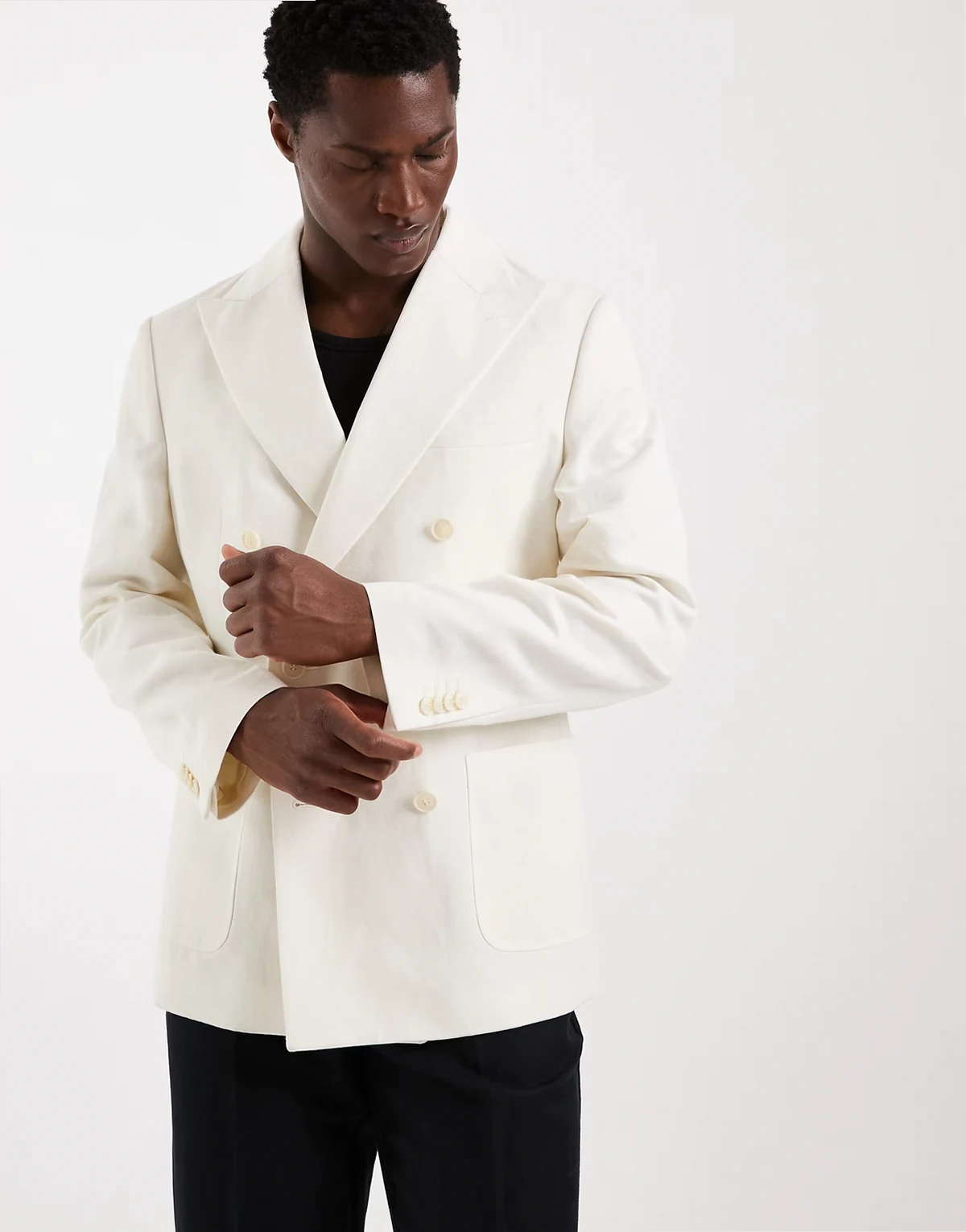 mix & match linen-rich slim double breasted suit jacket in cream