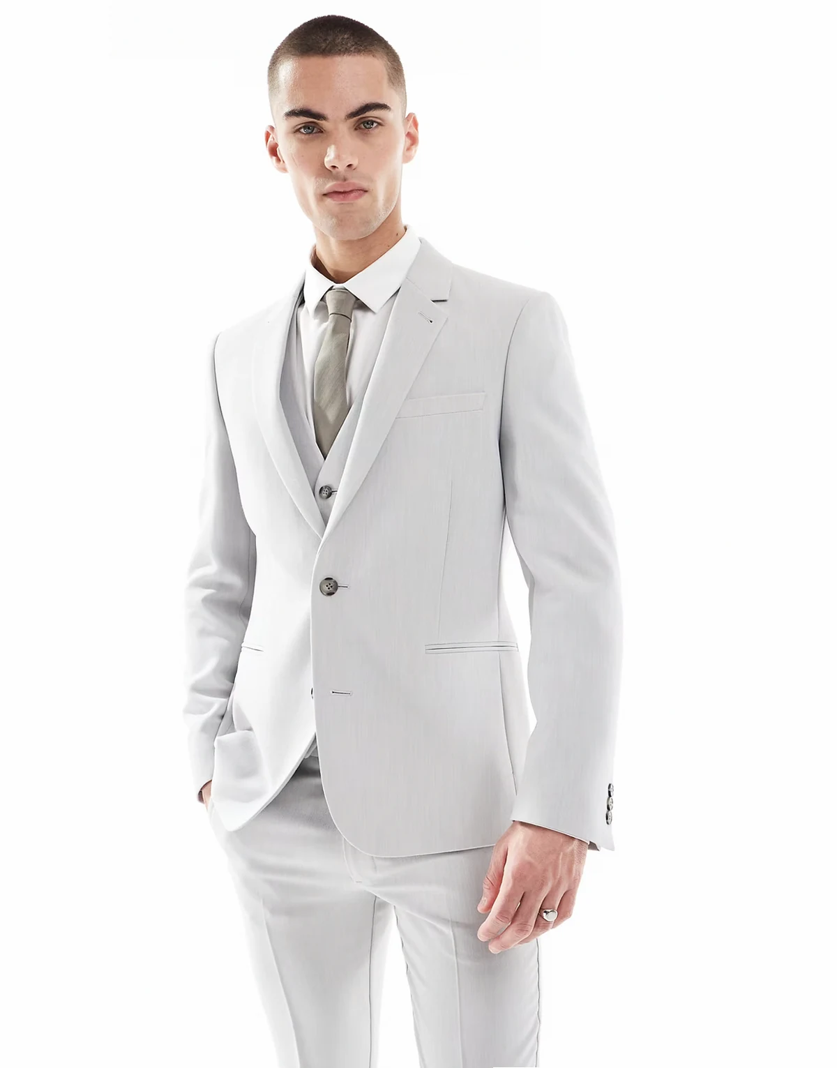 – Schmal geschnittene Anzugjacke in Hellbeige mit sehr feiner Struktur