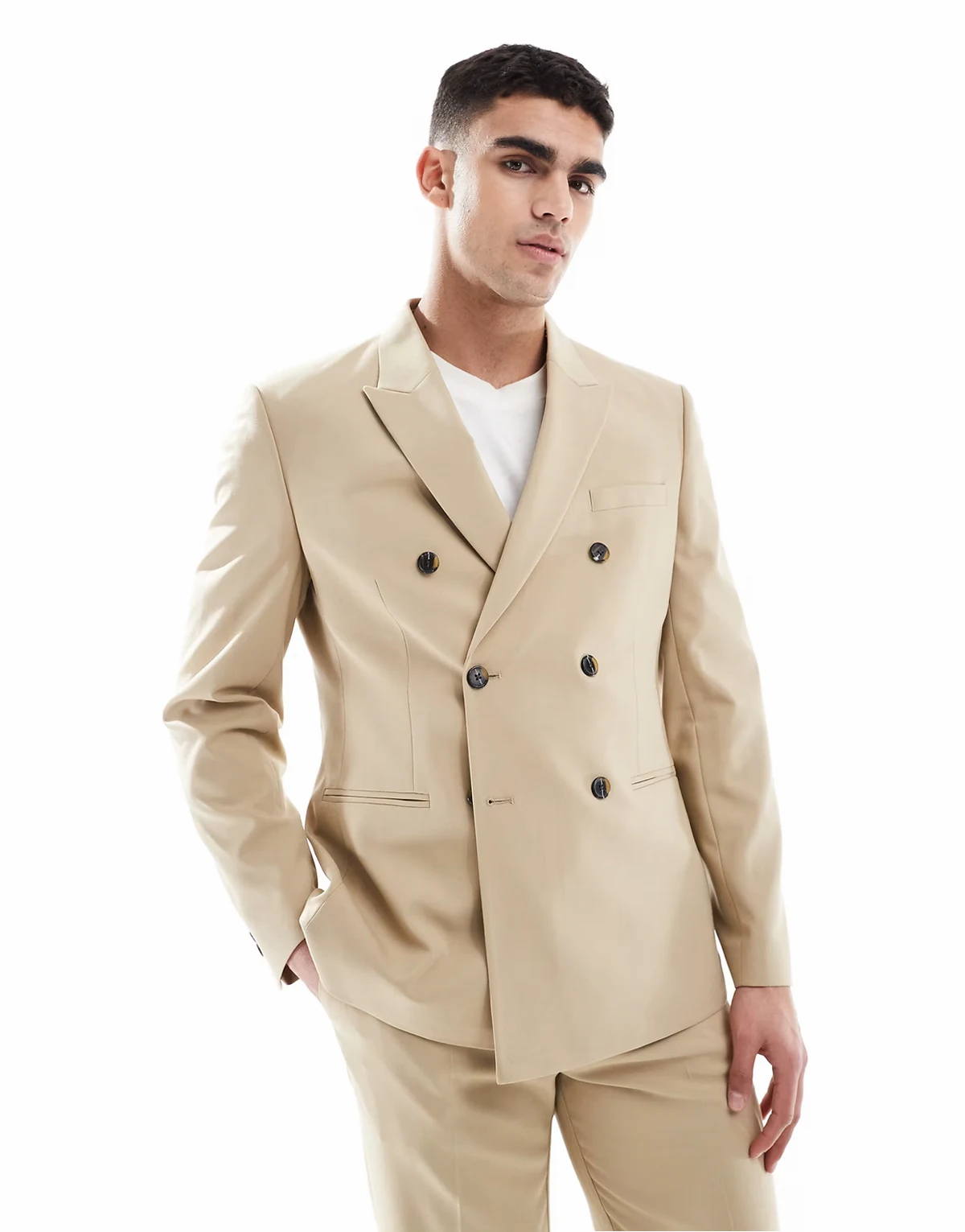 – Zweireihige Anzugjacke mit schmalem Schnitt in Stein