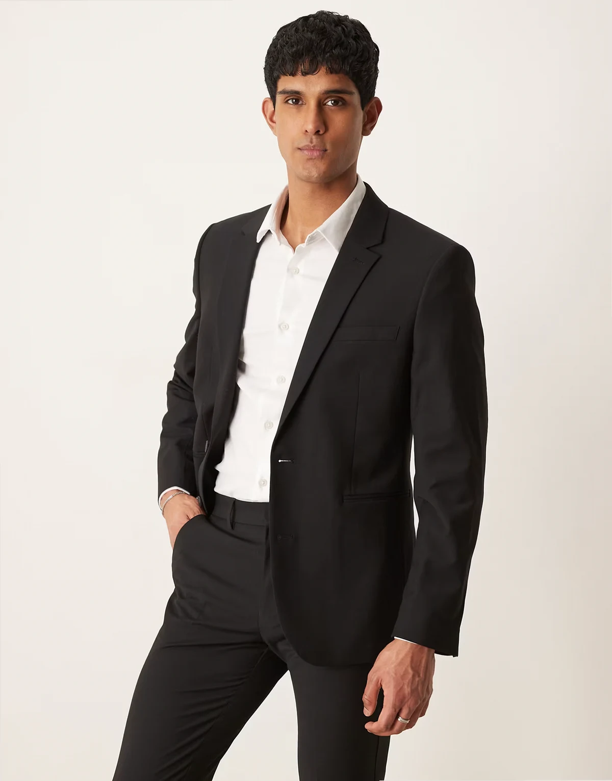 washable lightweight worsted wool mix slim suit jacket in black