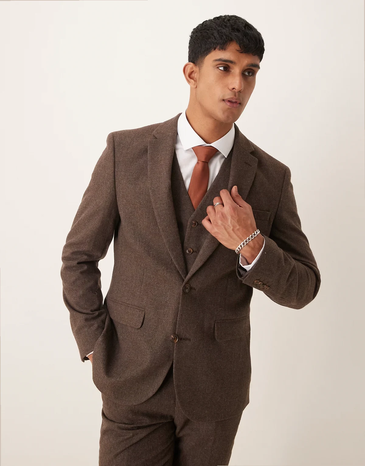 slim suit jacket in brown wool mix flannel