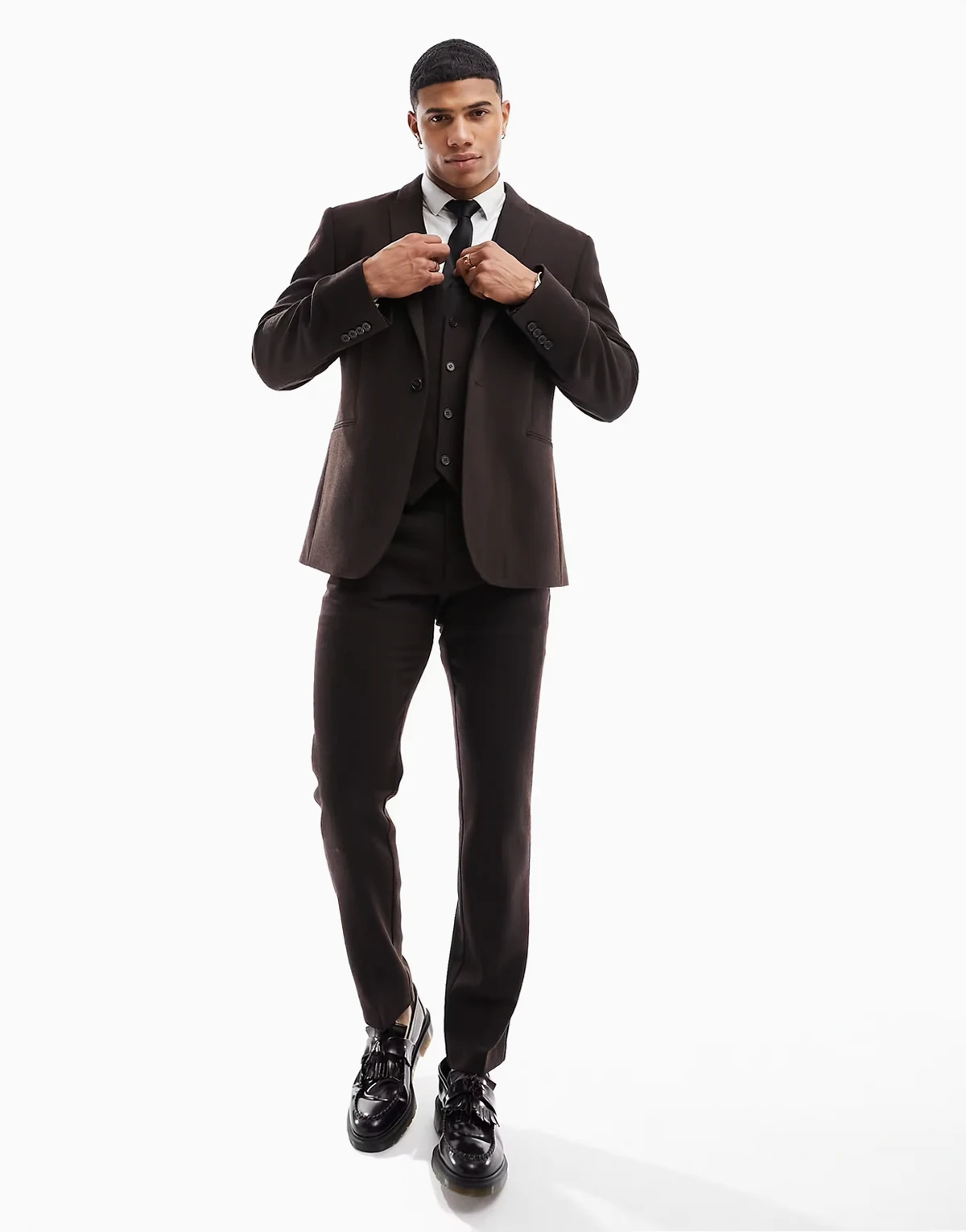 wedding slim wool mix suit jacket in dark brown basketweave texture