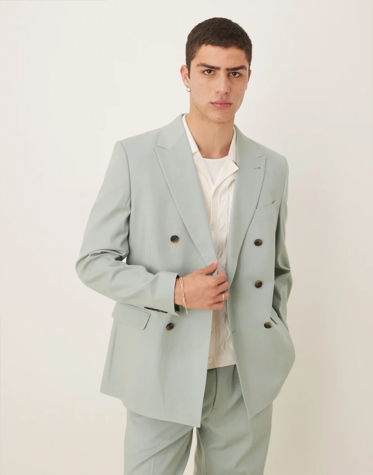 linen blend double breasted regular suit jacket in green