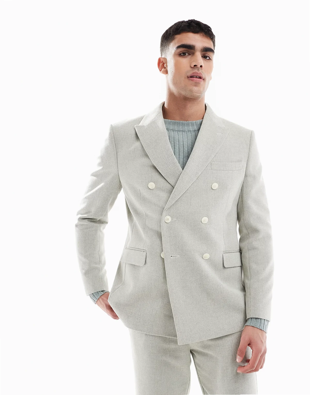 double breasted wool blend regular suit jacket in sage green weave