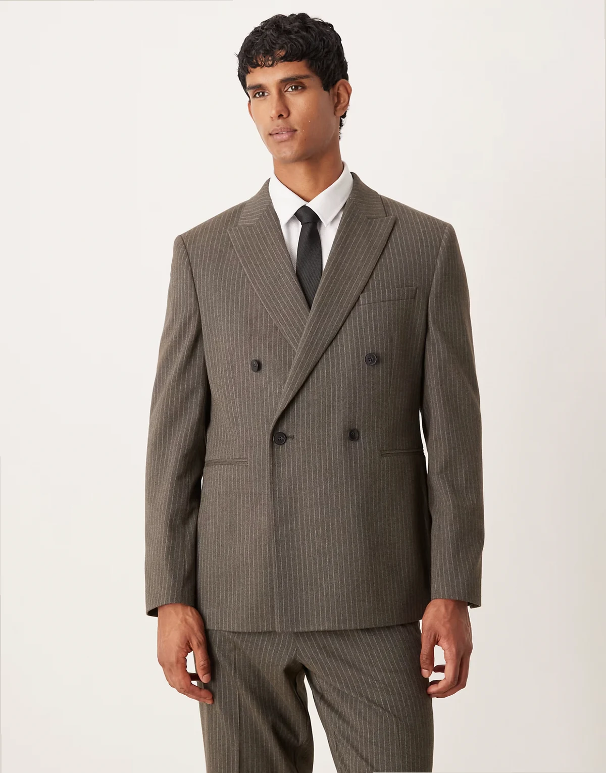 double-breasted regular suit jacket in charcoal flannel pinstripes