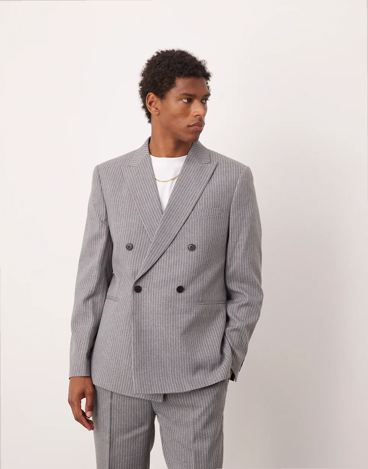 double breasted slim suit jacket in gray pinstripe