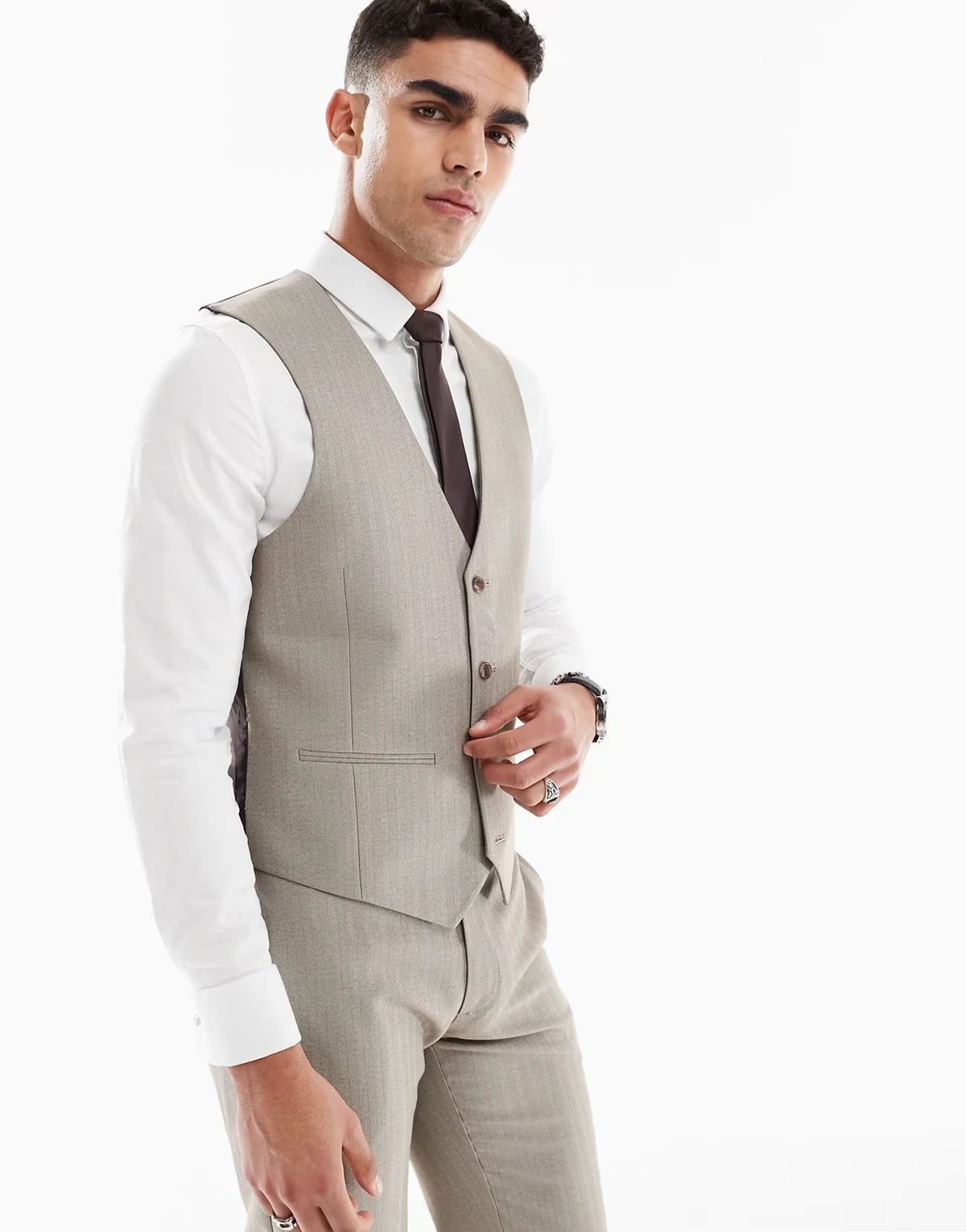 Wedding wool look slim suit vest in brown herringbone