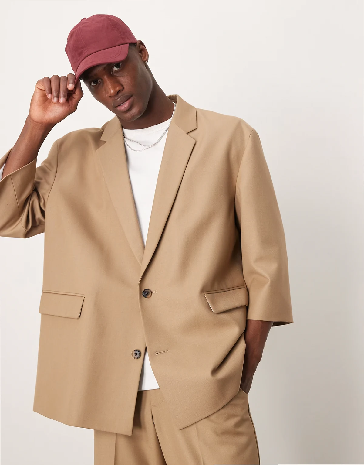 linen blend oversized half sleeved suit jacket in stone slub