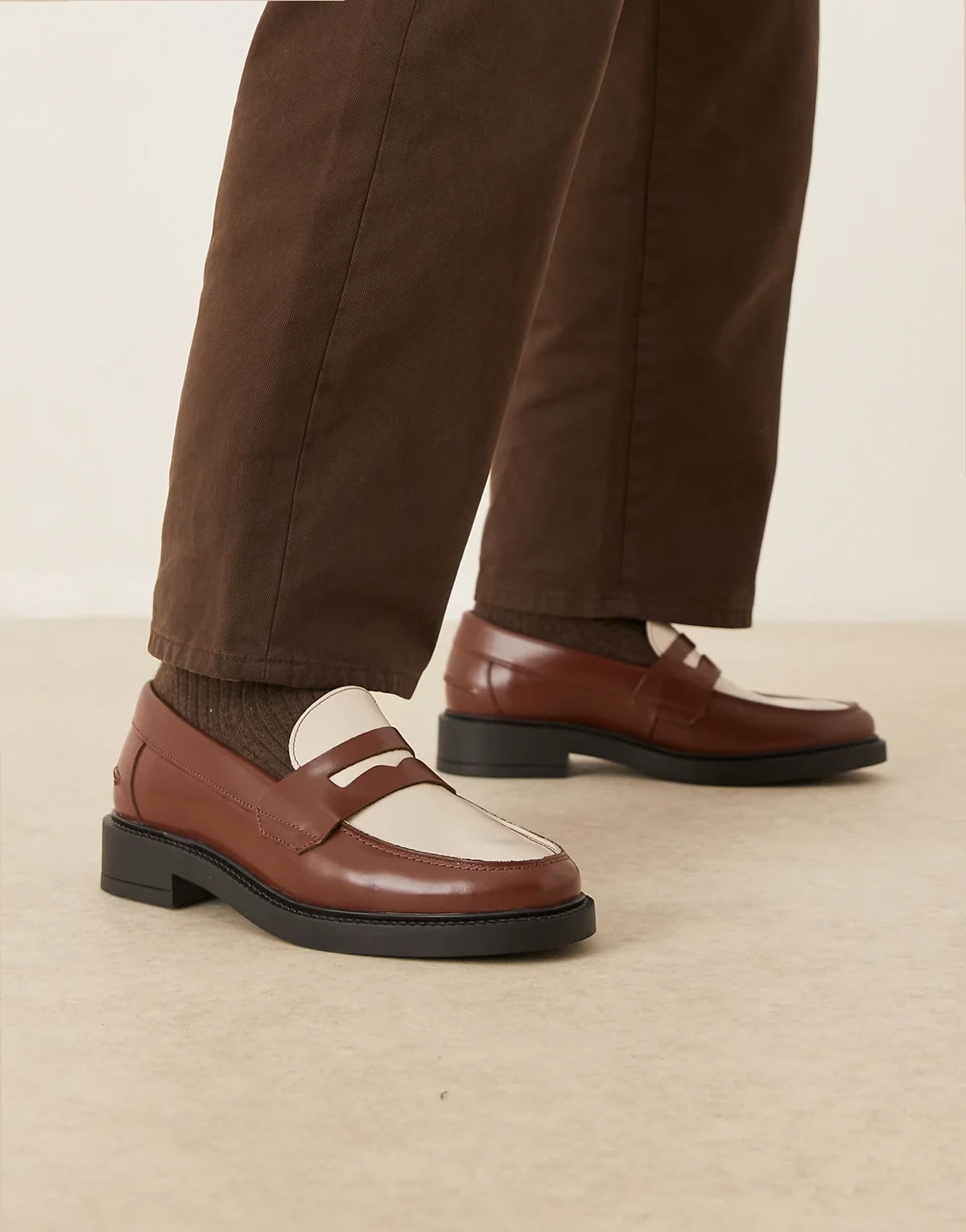 made in Portugal penny loafers in tan and cream leather