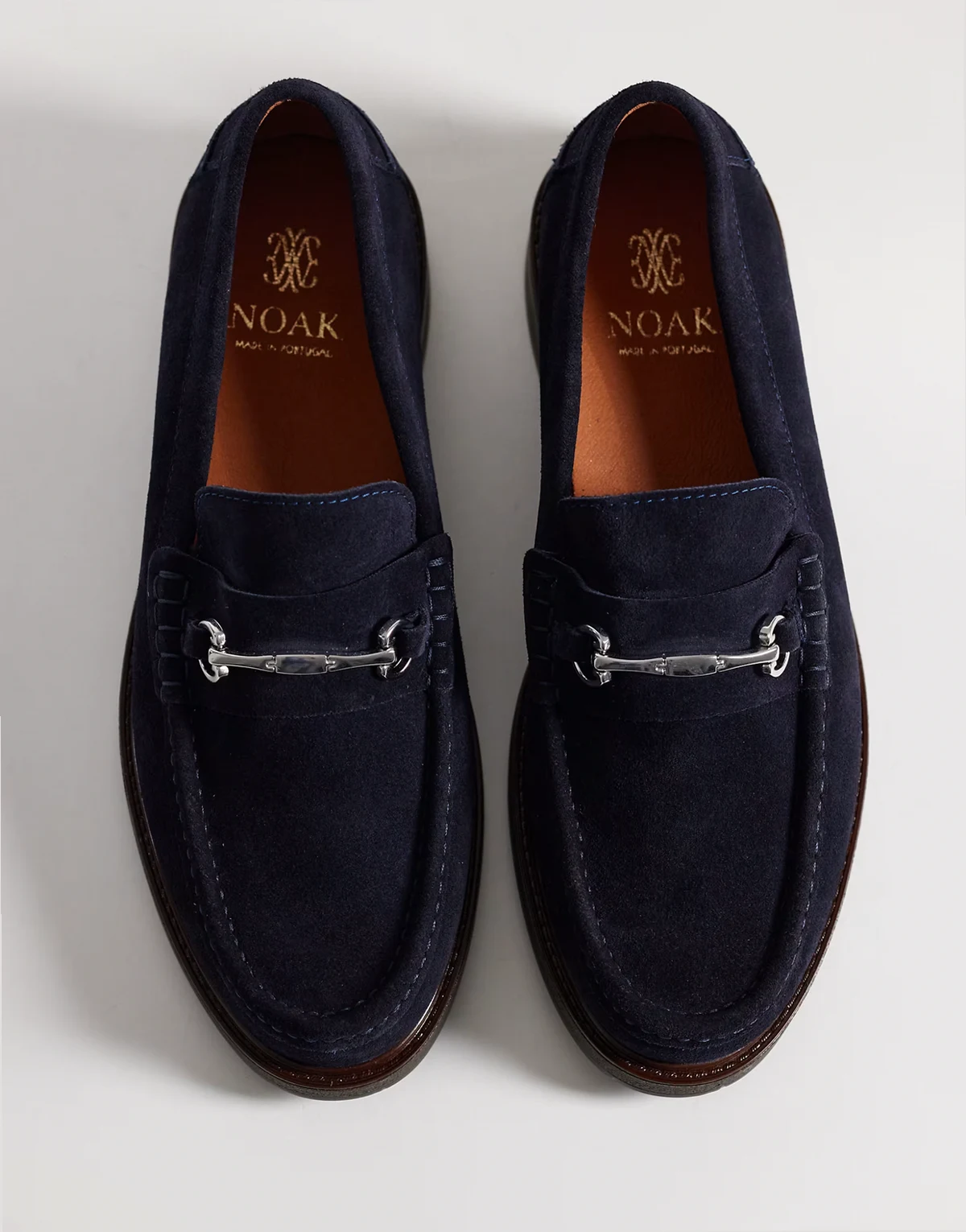 made in Portugal penny loafers with silver snaffle in navy suede