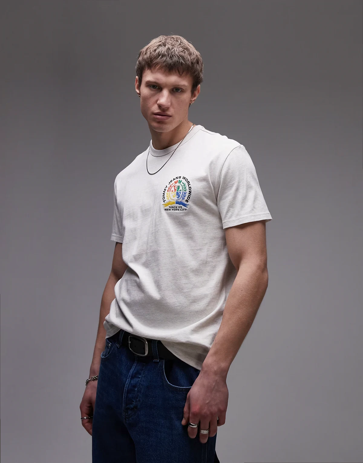 colorful crest logo t-shirt in heathered oat