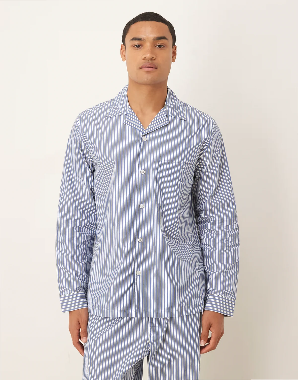 premium cotton long sleeve pajama shirt in blue and white stripes - part of a set