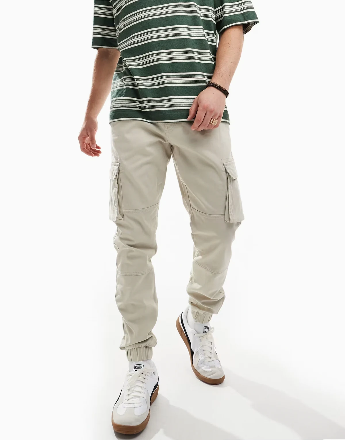 tapered fit cargo pants with cuffed bottoms in sand
