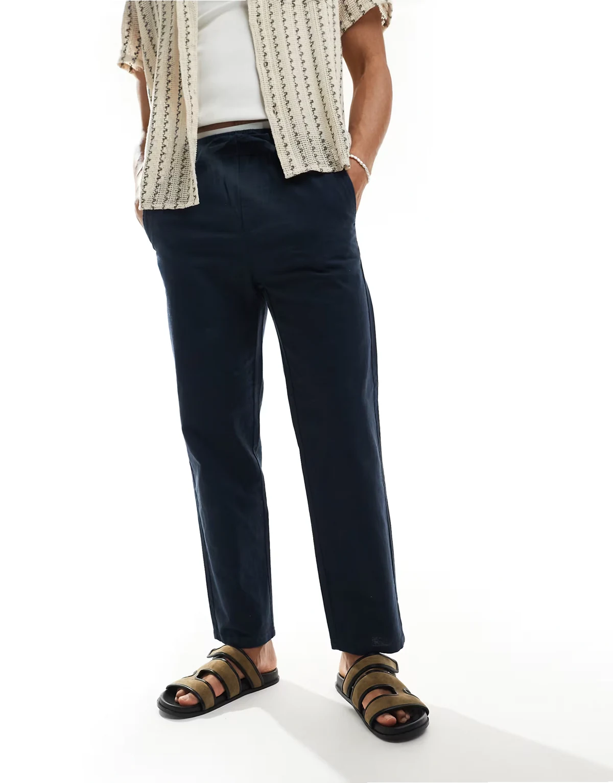 linen mix loose fit pants in navy