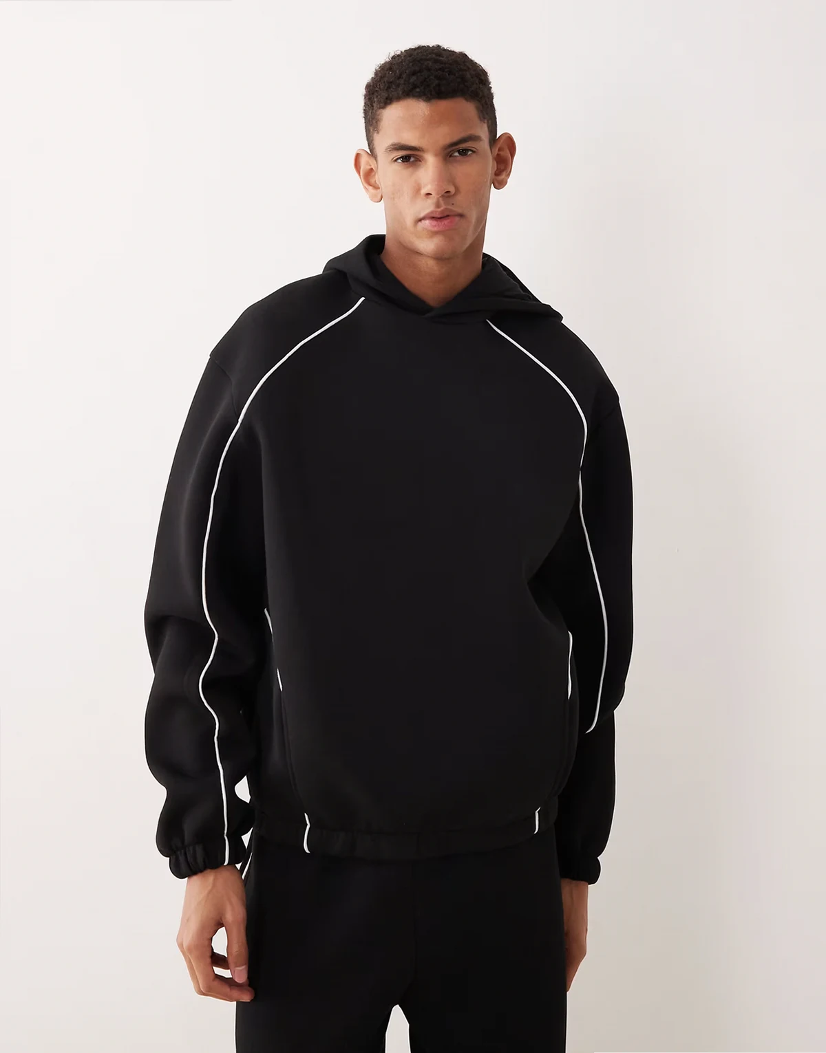 heavyweight oversized hoodie with piping in black scuba-style fabric - part of a set
