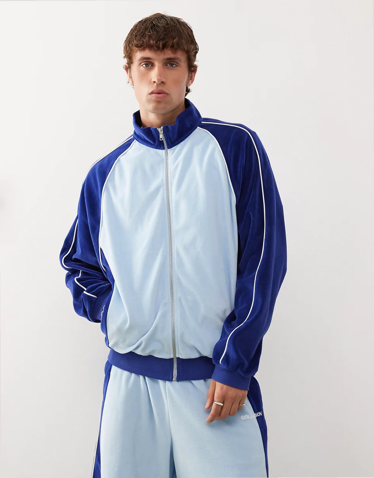 velour paneled jacket in blue - part of a set