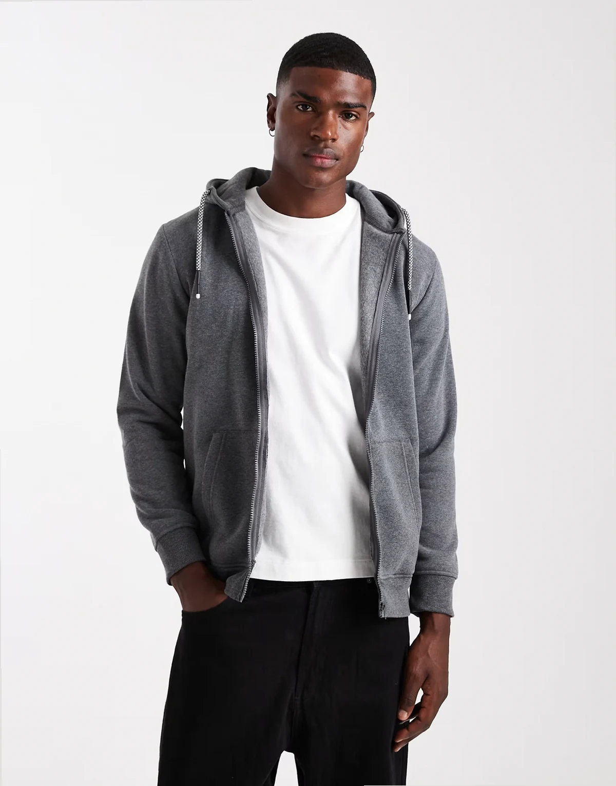 zip up hoodie with drawstrings in charcoal gray